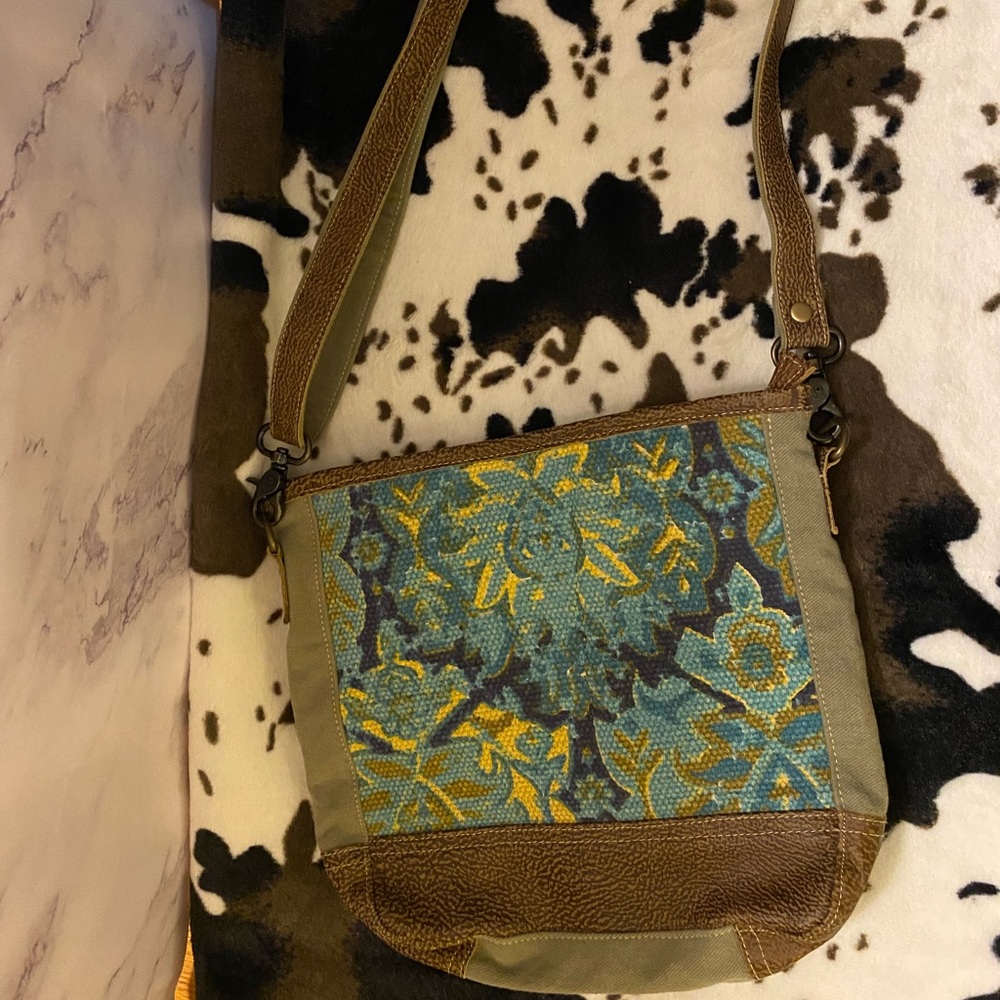 Myra Boho Green Brown Teal Floral Cavas Medium Crossbody Purse
